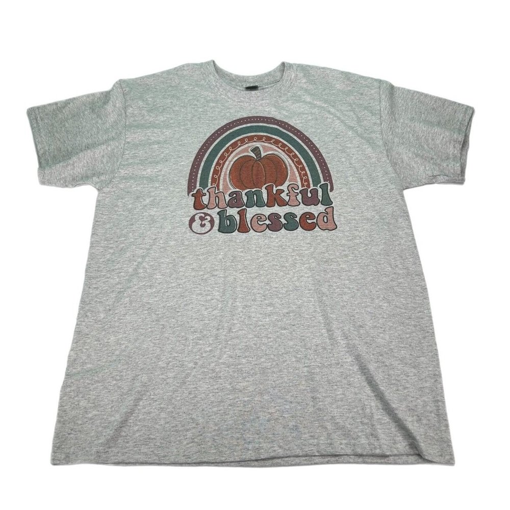 2/$20 Womens T-Shirt Adult Large Gray Short Sleeve Pumpkin Rainbow Fall Autumn